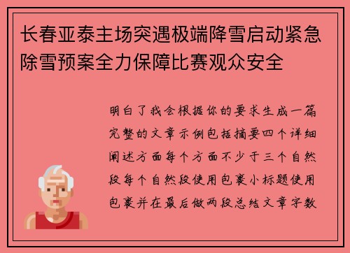 长春亚泰主场突遇极端降雪启动紧急除雪预案全力保障比赛观众安全 长春亚泰主场突遇极端降雪启动紧急除雪预案全力保障比赛观众安全