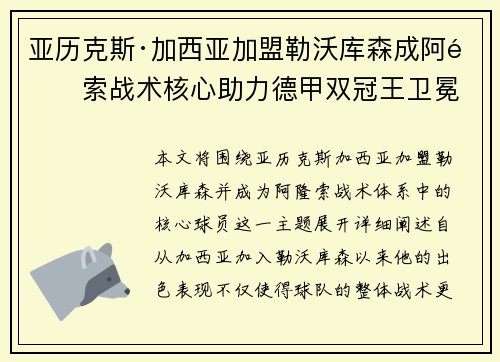 亚历克斯·加西亚加盟勒沃库森成阿隆索战术核心助力德甲双冠王卫冕